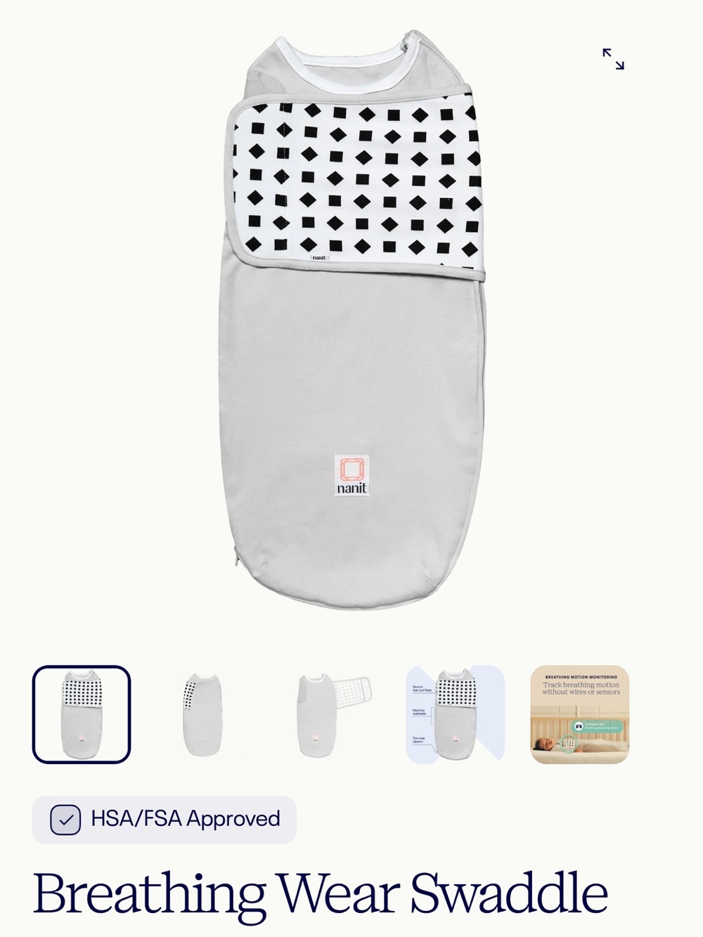 Nanit Light Gray Baby Sleep Sack with Black Geometric Swaddle